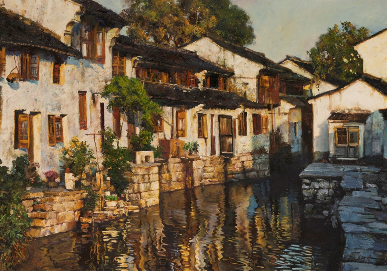 <h2>阳光下的水巷</h2><p>作者：潘鸿海</p><p>创作年代：2005年</p><p>规格：114cm×162cm</p><p>品类：油画</p>